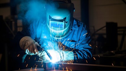 Industrial metal welding and manufacturing process. Skilled labor and heavy engineering. Professional welder wearing protective mask and gloves working with bright sparks in factory