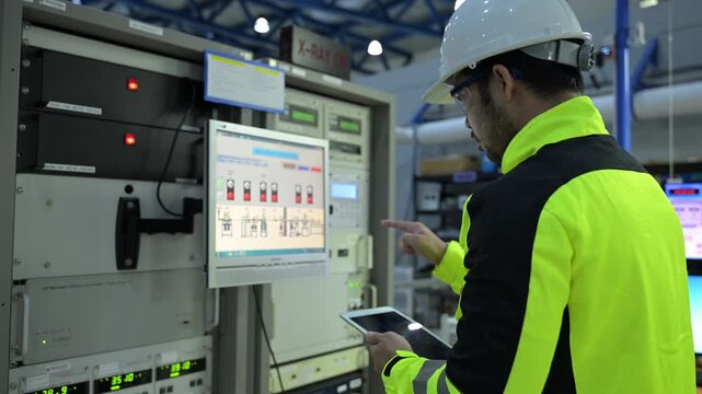 Electrical engineer male checking voltage at the Power Distribution Cabinet in the control room,preventive maintenance Yearly,inspecting power system and control panel in industrial factory
