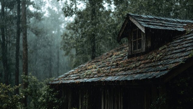Overgrown roof on abandoned cabin in misty, rain-drenched forest