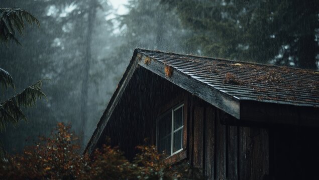 Moody cabin roof peeks through trees during a rainy forest day