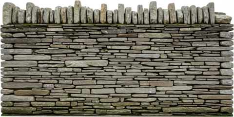 Rustic dry stone wall with upright stones on top constructed from rough weathered grey and brown natural rocks and textured surfaces rock wall construction grey stone brown stone PNG background