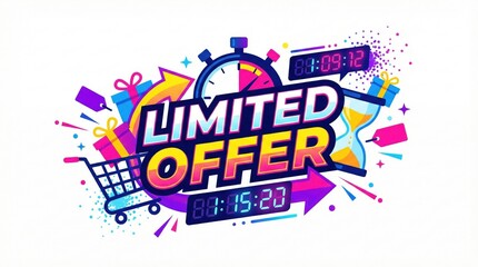 Colorful limited offer banner with countdown timer,shopping cart,gift boxes and price tags,perfect for sales and promotion marketing