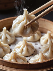 Soup dumplings, translucent skin, bamboo steamer, close-up,Close-ups reveal delicate craftsmanship and texture.