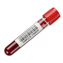 Blood sample vial with barcode isolated on transparent background