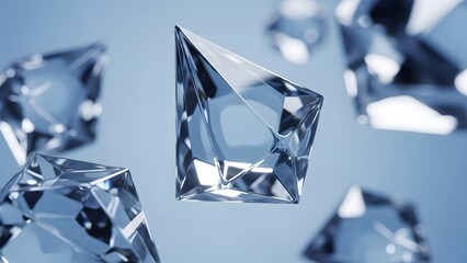 Abstract crystal prisms floating in a clean blue space. Luxury jewelry design and geometric clarity. Transparent diamond shapes reflecting light in a bright minimal aesthetic environment