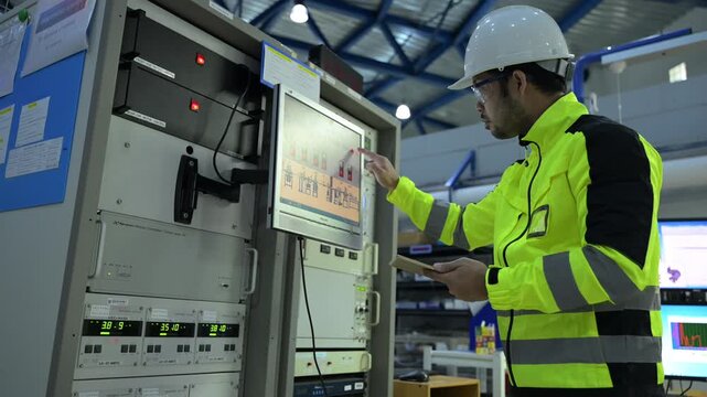 Electrical engineer male checking voltage at the Power Distribution Cabinet in the control room,preventive maintenance Yearly,inspecting power system and control panel in industrial factory