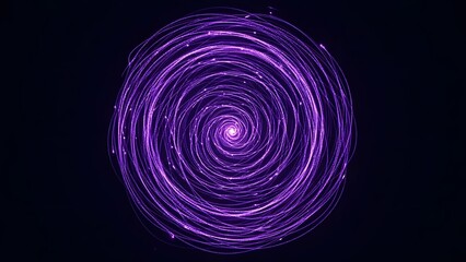 Circular particle trail and energy vortex. Cosmic portal and motion blur physics. Glowing purple light strands spinning in a perfect spiral shape against a dark black background