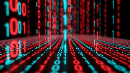 Binary code stream and big data processing. Cyber security and digital encryption. Red and blue glowing numbers flowing through a dark virtual space in a futuristic software environment