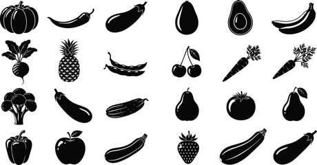 Fruit and vegetable silhouette collection, fresh organic food icons set, healthy nutrition illustration, black natural produce symbols design