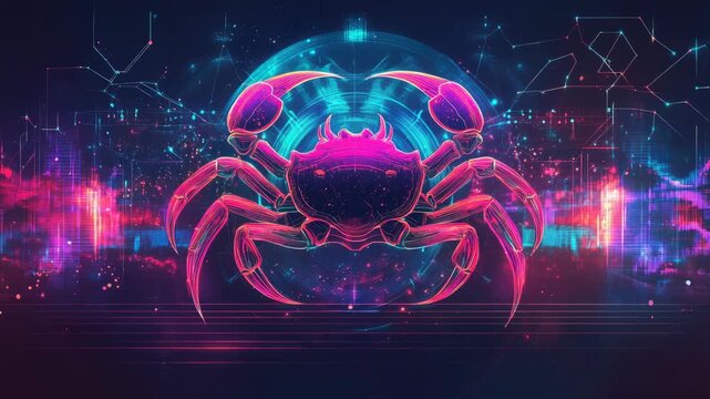 Cancer sign radiating brilliant neon magenta, representing astrology and constellations within a technology-inspired digital realm, surrounded by abstract glowing lines and sparkling particles