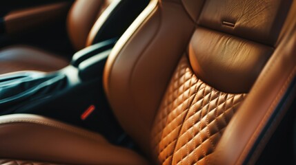 Fototapeta premium Close-up of a luxurious brown leather car seat with a quilted pattern. The interior design showcases elegance and comfort in automotive craftsmanship.