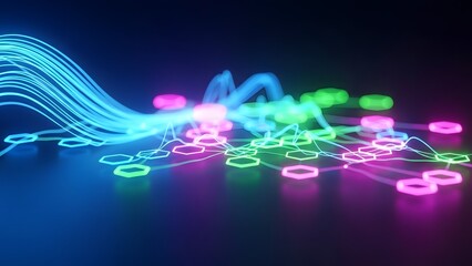 Abstract digital network and glowing data connection. Fiber optic cables and high-speed internet. Neon light paths connecting hexagonal shapes on dark surface