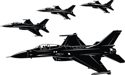 Modern fighter jet silhouette formation, military combat aircraft flying in squadron, tactical air force power, black aviation illustration