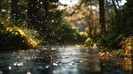 Fototapeta premium Serene forest creek with sunlit water drops and lush greenery.
