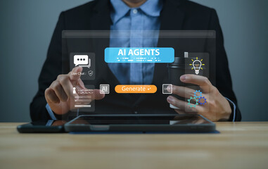 AI agent, live chat, generation platform, prompt, and command center. A business professional interacting with virtual AI UI on digital device while holding coffee cup