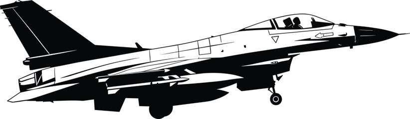 Modern fighter jet silhouette illustration, military combat aircraft with landing gear, tactical air force defense aviation power concept design elements
