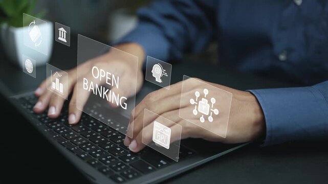 Open banking concept with secure data sharing, API integration and digital financial services. Modern fintech ecosystem enabling innovation, transparency and customer-centric banking solutions.