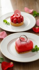 Heart-shaped red dessert with glossy glaze on a white plate alongside a raspberry tart, garnished with mint leaves and rose petals for a romantic Valentine's Day celebration