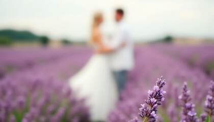 bride and groom in lavender field