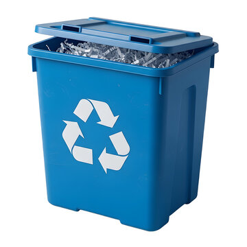 Blue recycling bin with shredded paper isolated on transparent background