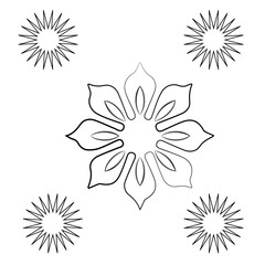 Obraz premium A decorative floral design featuring a central stylized flower with petal details and four surrounding starburst shapes on a white background.