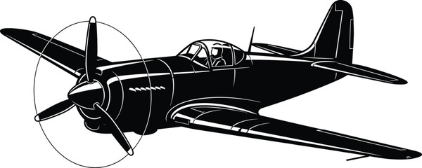 Vintage propeller aircraft silhouette, retro military fighter airplane, aviation illustration, classic warbird design, black and white vector, historical flight concept