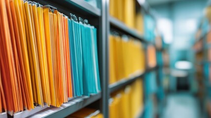 The File Folders Lined on Office Shelves in a Bright Archive Room