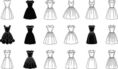 Women dress silhouette collection, elegant vintage and modern dresses icons set, fashion clothing illustration, black and white design elements