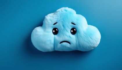 Top view of blue sad plush toy in shape of a cloud on blue background with many others clouds. Blue  monday concept