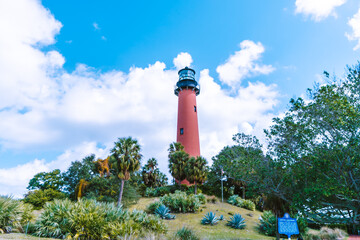 Naklejka premium A red lighthouse is on a hill with a blue sky in the background. The lighthouse is surrounded by trees and bushes