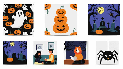 Whimsical Halloween illustrations featuring pumpkins, ghosts, spiders, and festive scenes