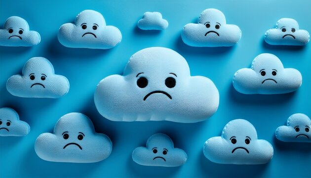 Top view of blue sad plush toy in shape of a cloud on blue background with many others clouds. Blue  monday concept