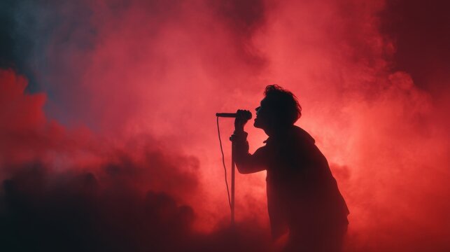 Silhouette of male singer performing in red backlit smoke on stage.