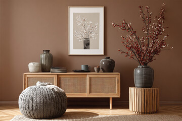 contemporary room decor with woven cabinet and floral art