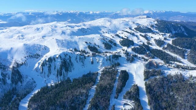 Jahorina, Bosnia and Herzegovina &ndash; January 17, 2026: Aerial view of Jahorina mountain and ski resort covered in snow during winter season