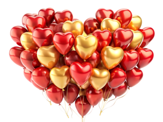 Bunch of red and gold heart shaped balloons on black background