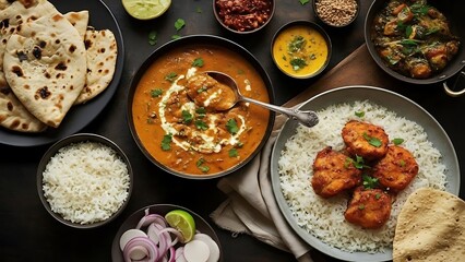 A delicious spread of traditional indian cuisine featuring flavorful curries, fragrant rice, and naan bread