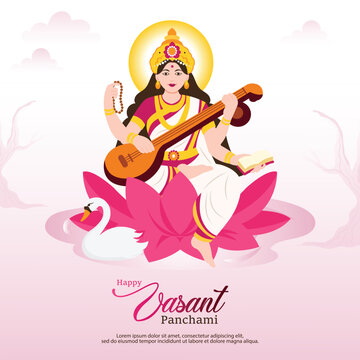 Happy Vasant Panchami Goddess Saraswati sitting on Lotus with Swan Playing Veena Religious Festival Background. poster, banner, flyer vector illustration design