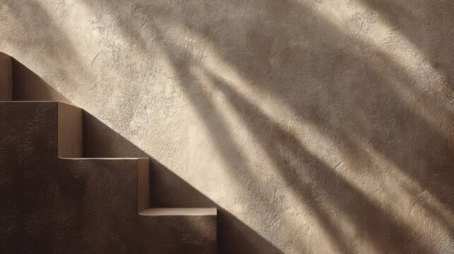 Minimalist staircase with earthy texture and sunlit shadows.