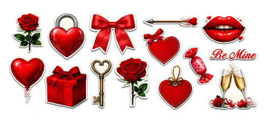 Vintage valentine’s day paper cut collage sticker set with red hearts roses bows lips gifts arrows champagne and romantic love symbols, retro halftone cutout elements isolated background 