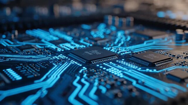Close-up Circuit Board with Blue Illumination.
