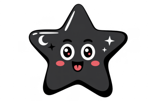 Cartoon star with smiling face and stars black isolated on a transparent background - Powered by Adobe
