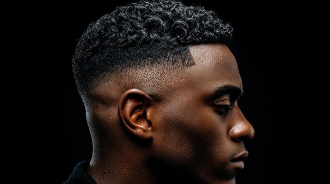 Profile of young african male with curly fade haircut on black background.