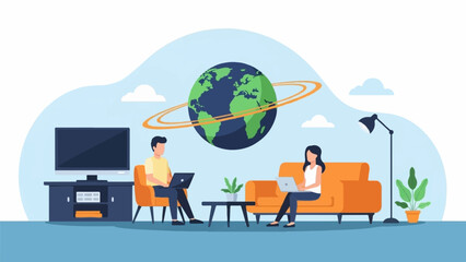 Two people work on laptops in a living room with a globe overhead