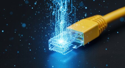 Blue network cable on a dark background representing technology and internet connection