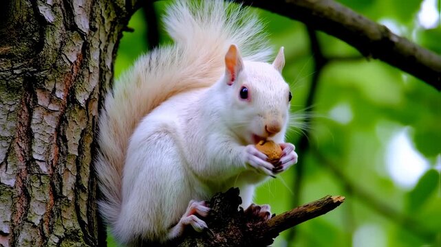 A white squirrel eating a nut on a tree branch in a forest viewed from the side.