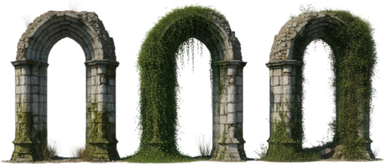 Ancient stone archways weathered and overgrown with lush green ivy conveying a sense of historic ruin and timeless decay crumbling moss foliage architecture monument structure transparent background