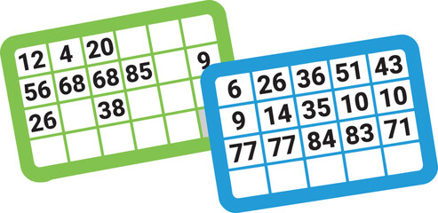 Colorful bingo cards with random numbers, lottery game boards illustration, fun chance game concept, gambling entertainment design, isolated on white background vector