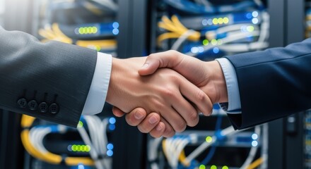 Professional business people and a man and woman handshake in a workspace with a laptop and service equipment