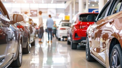 Fototapeta premium A busy car dealership interior with various vehicles on display. Customers are browsing and discussing options. Bright lighting enhances the modern atmosphere.